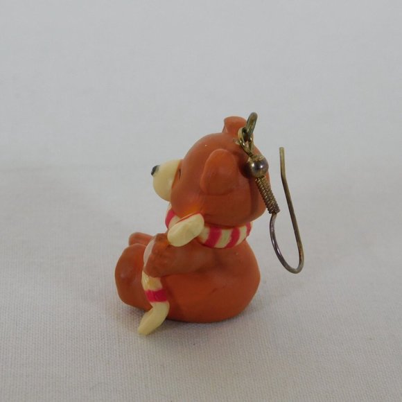 Teddy Bear Earrings Wearing Candy Cane Scarf Christmas Vintage Small Resin Brown - Picture 4 of 12